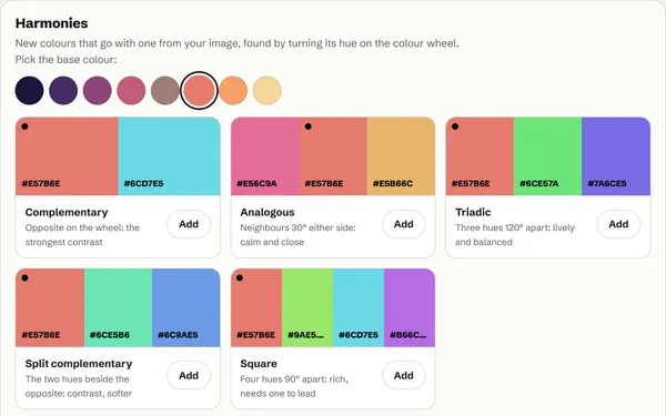 Six colour harmonies built from the sunset sample’s coral, from complementary to tints and shades