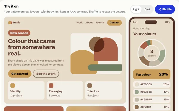 The interior sample’s muted palette on a website hero, a phone screen with a colour donut, a poster and a mesh gradient