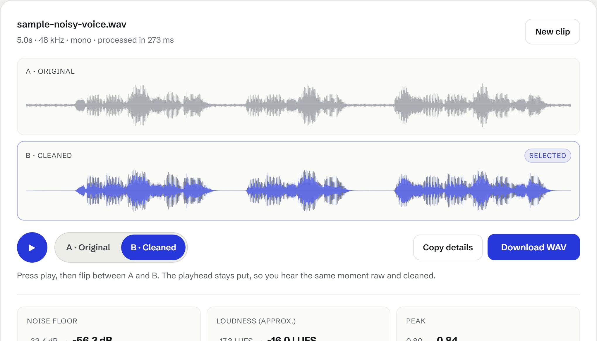 CleanTake showing a noisy sample voice clip above its cleaned version, with the background noise removed between phrases