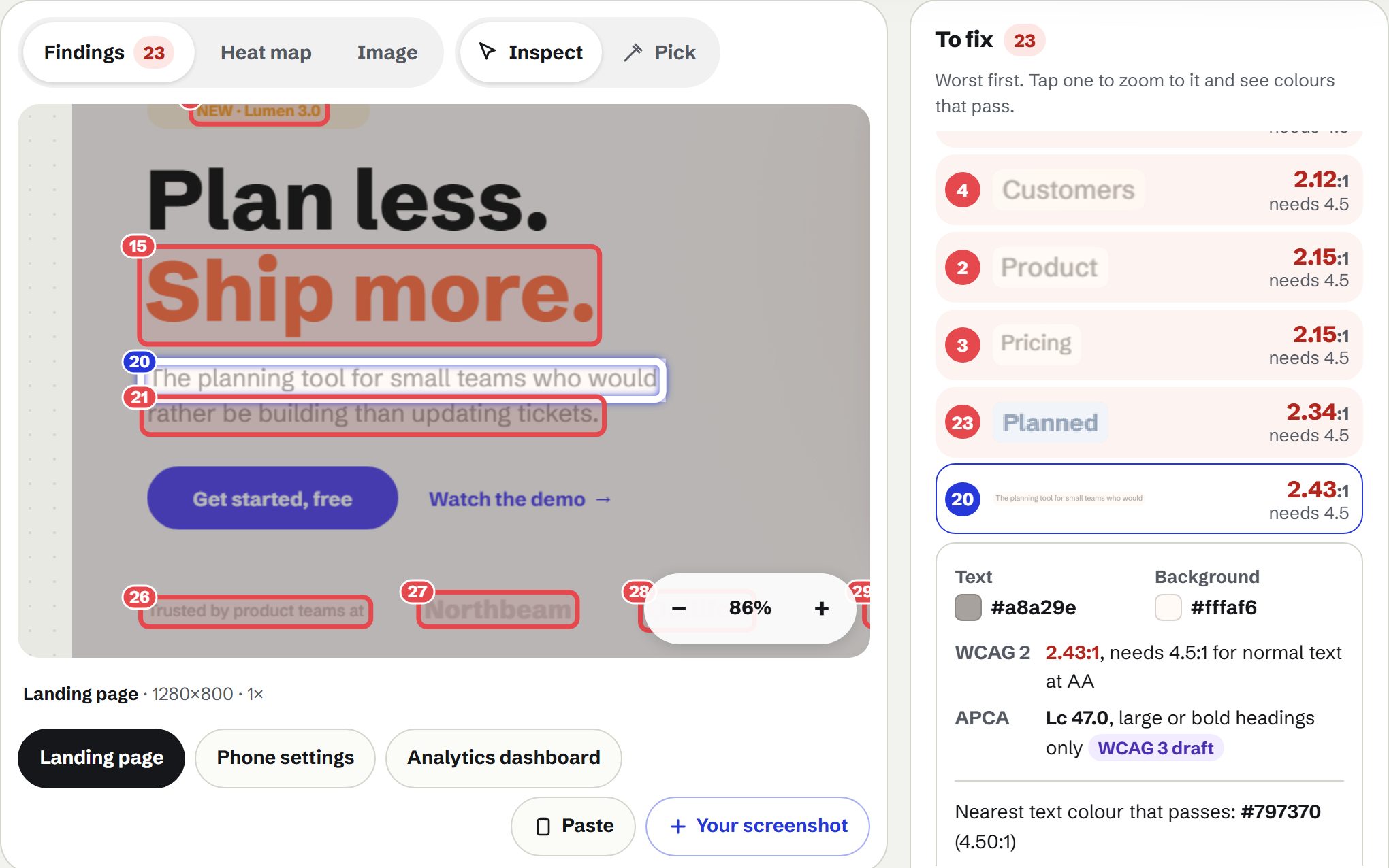 The pale grey subtitle of the landing page zoomed in and outlined, with its 2.43 to 1 ratio, and the same line re-coloured in a darker grey that reaches 4.5 to 1