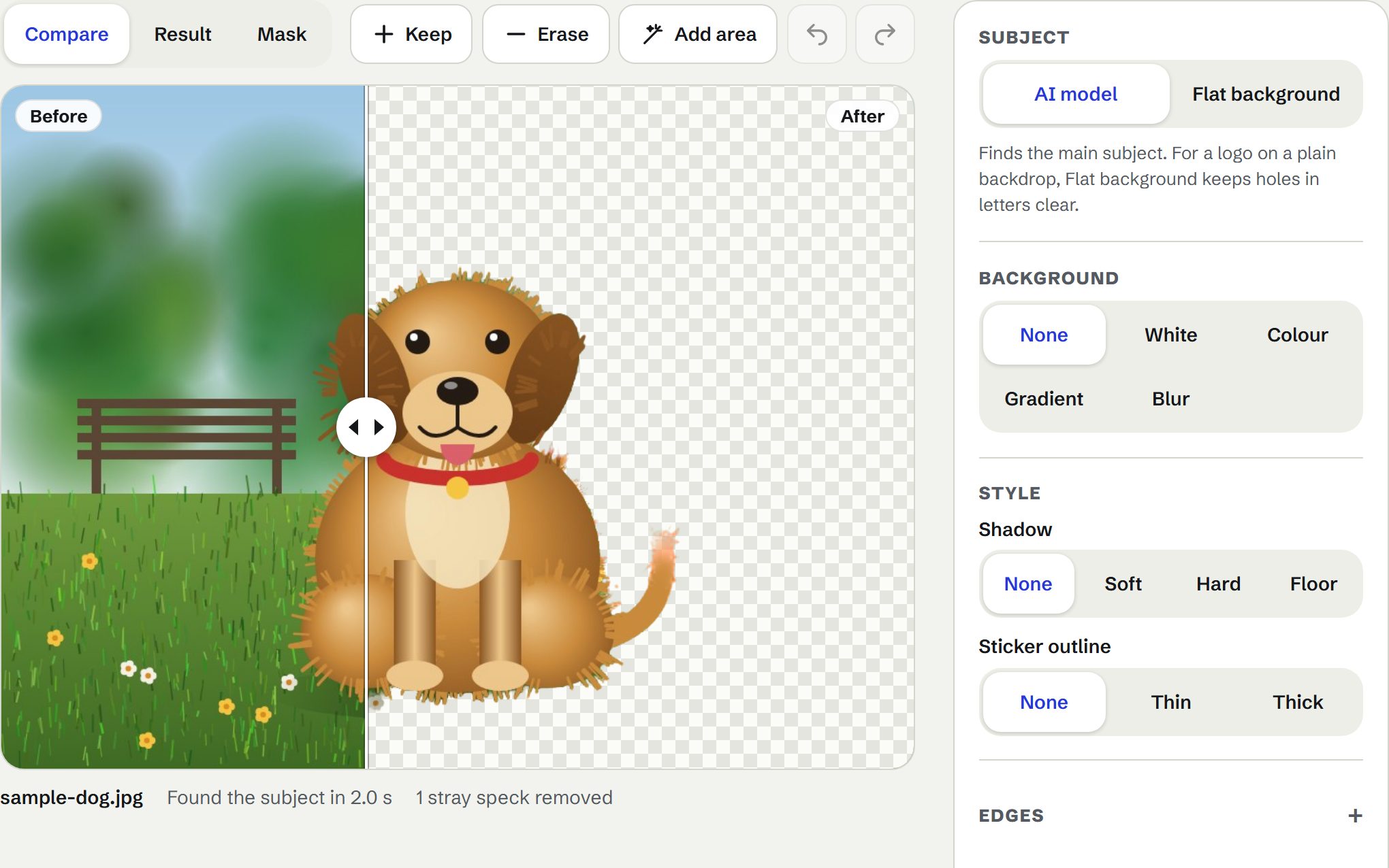 CutOut splitting the pet sample: the dog in its park on the left, cut out on a transparent checkerboard on the right