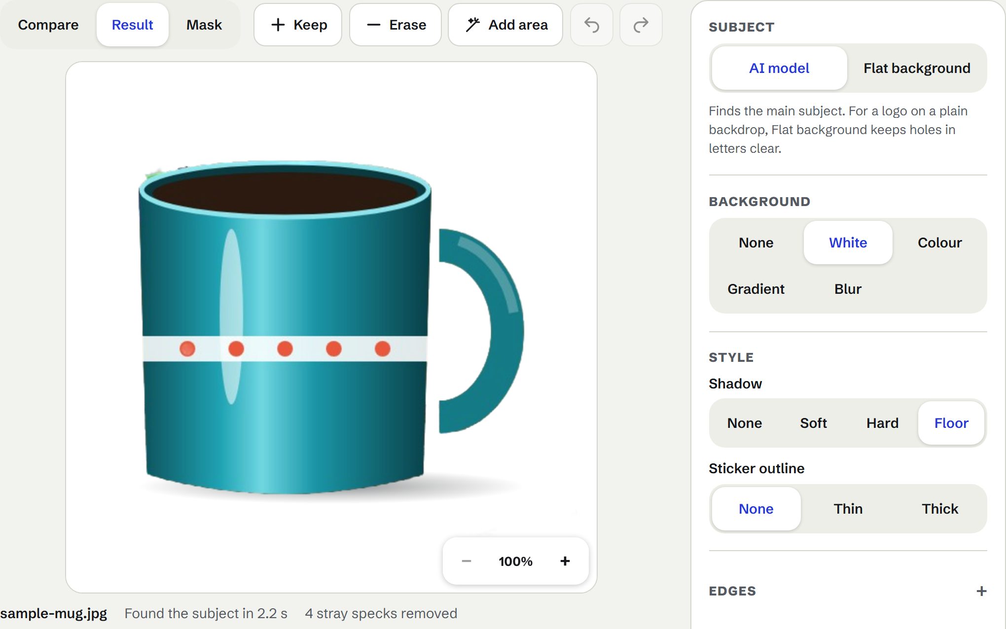 The mug sample centred on white in a 2000 by 2000 square frame with a soft floor shadow, ready to download as a JPG