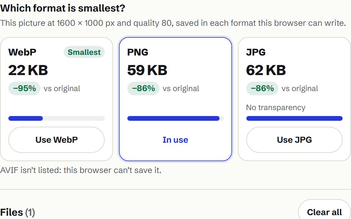 Format cards for the sample chart: WebP is smallest, well under the PNG and JPG versions