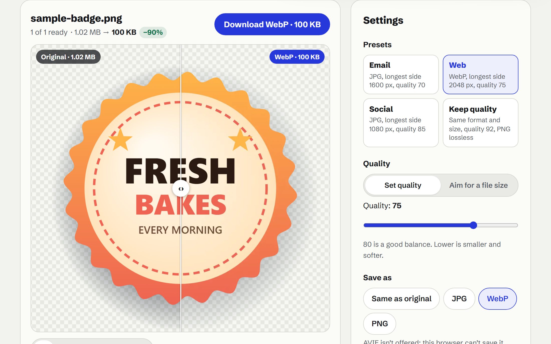 The transparent badge sample saved as WebP, on a checkerboard, with the original on the other side of the divider