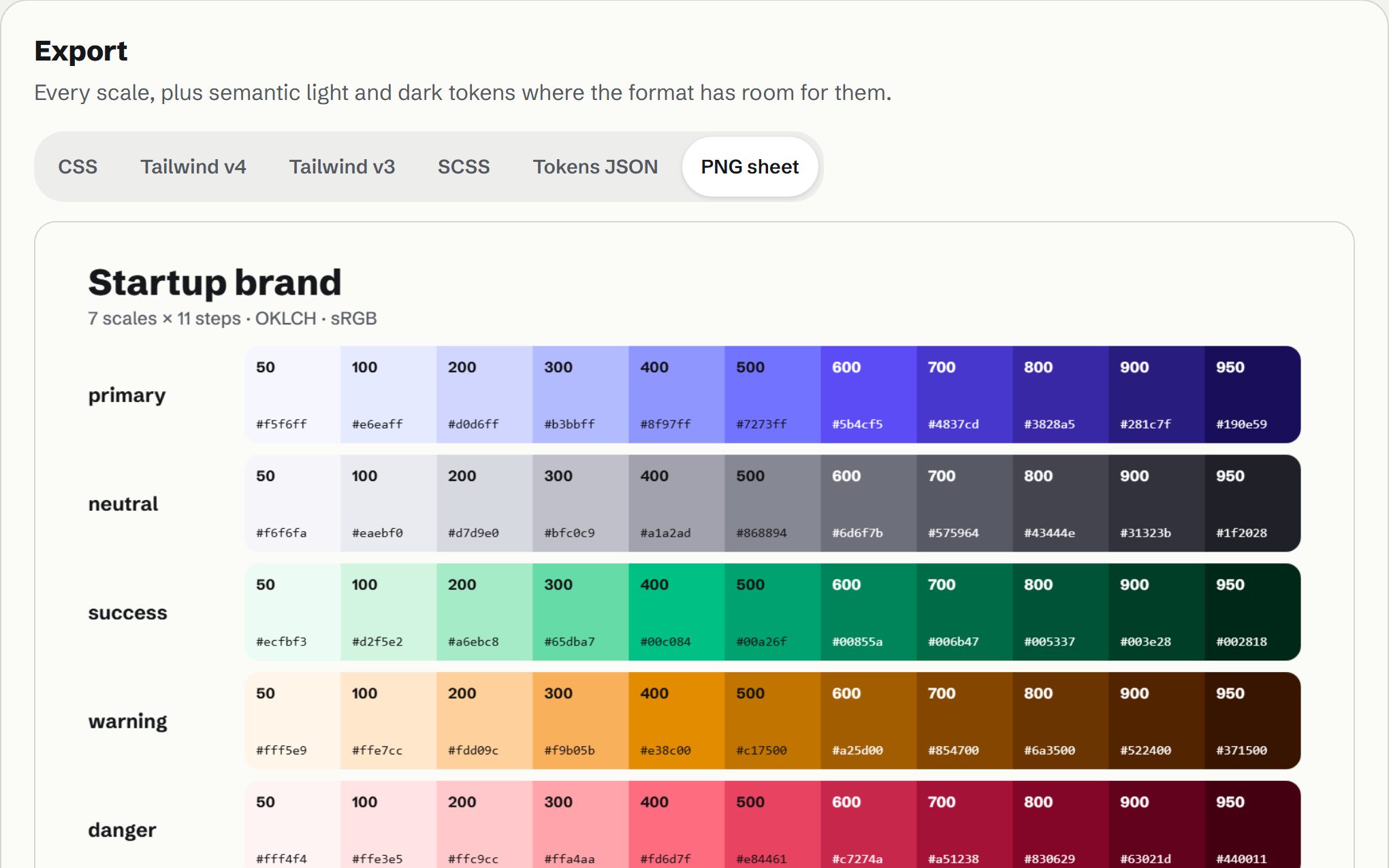 The PNG swatch sheet for the startup palette: seven labelled rows of eleven swatches with hex codes, above the download button