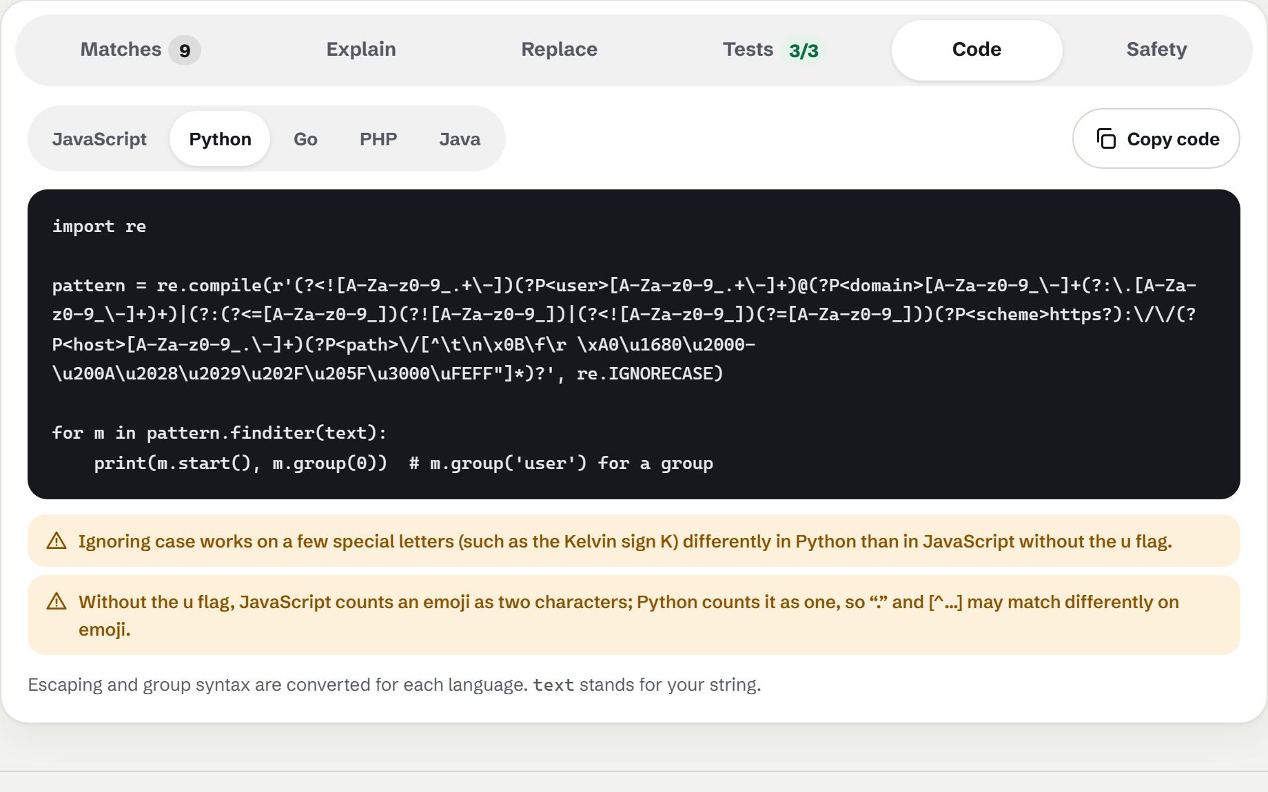 The log pattern exported as Python code, with named groups rewritten as (?P<user>…) and a note about how \d and \w differ in Python