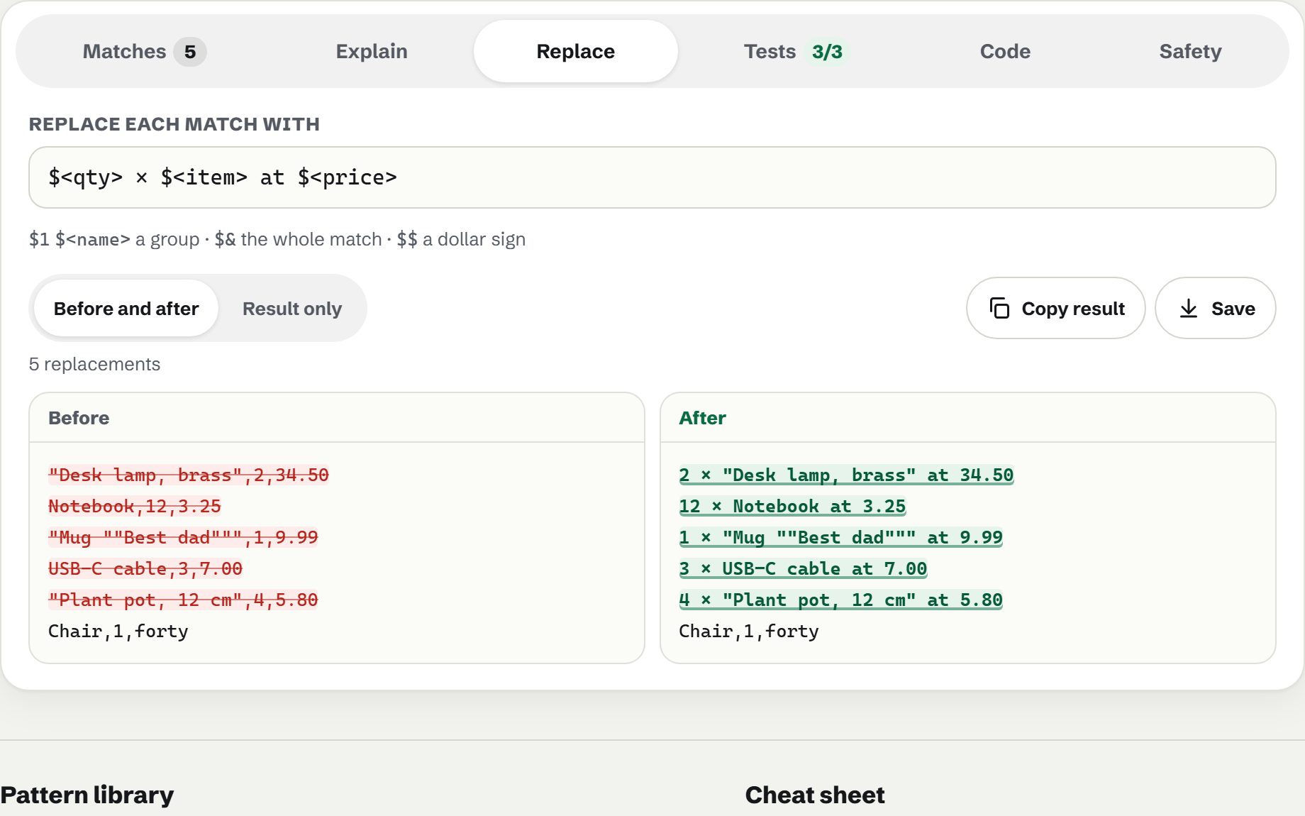 CSV rows taken apart into item, quantity and price groups, and the replace preview turning each row into “2 × Desk lamp, brass at 34.50”, before and after side by side