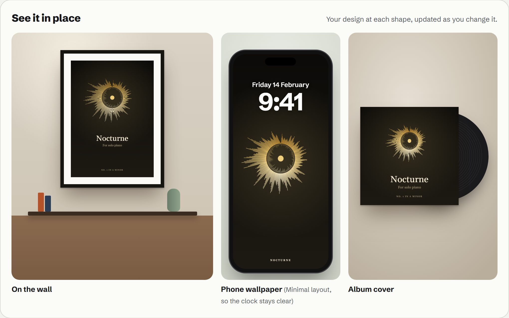 The gold radial Nocturne poster framed on a living-room wall, as a phone wallpaper under the clock, and as an album cover beside a vinyl record