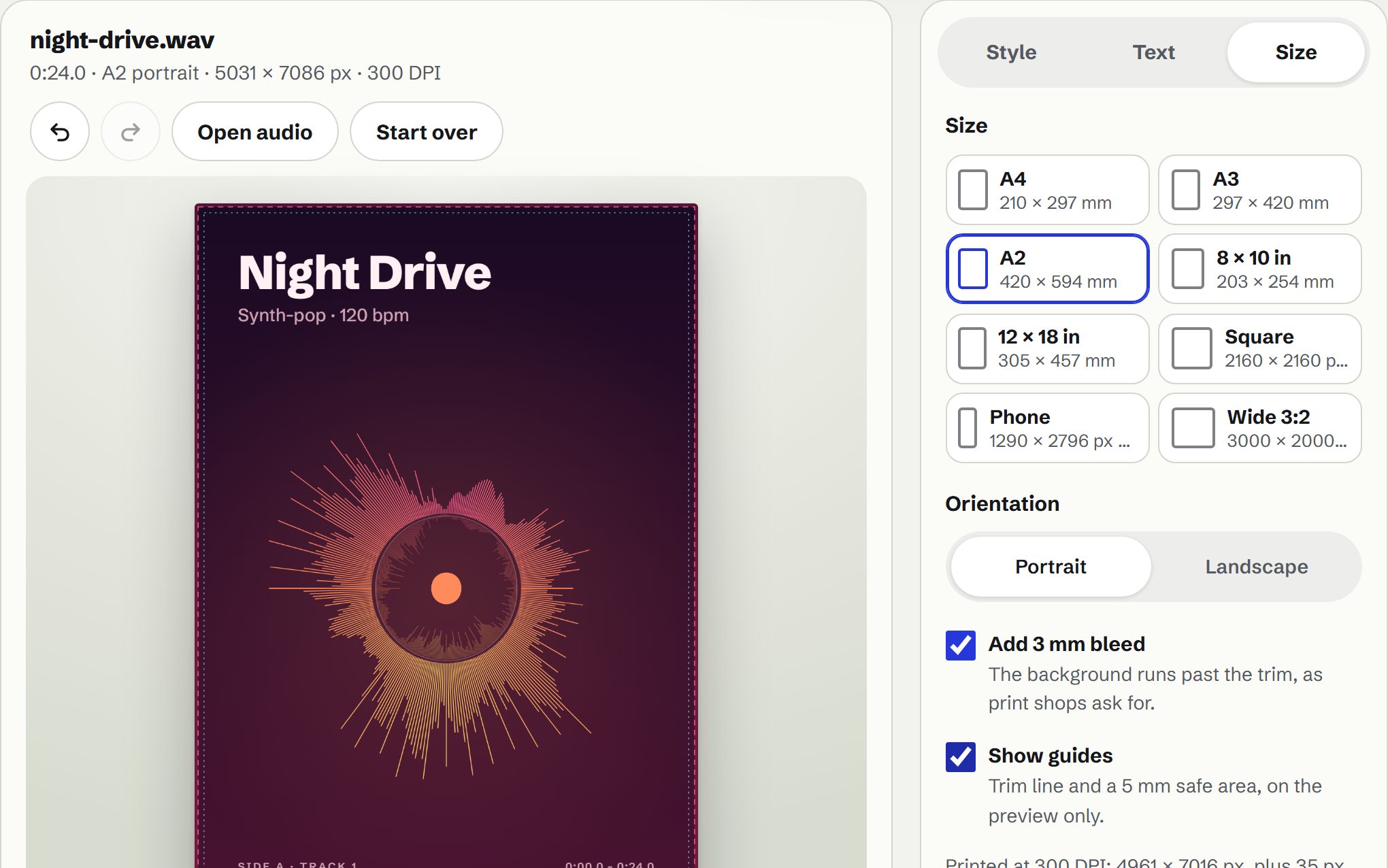 A radial poster in the Sunset colours at A2 with the pink bleed area and dashed trim guides showing, next to the print size choices