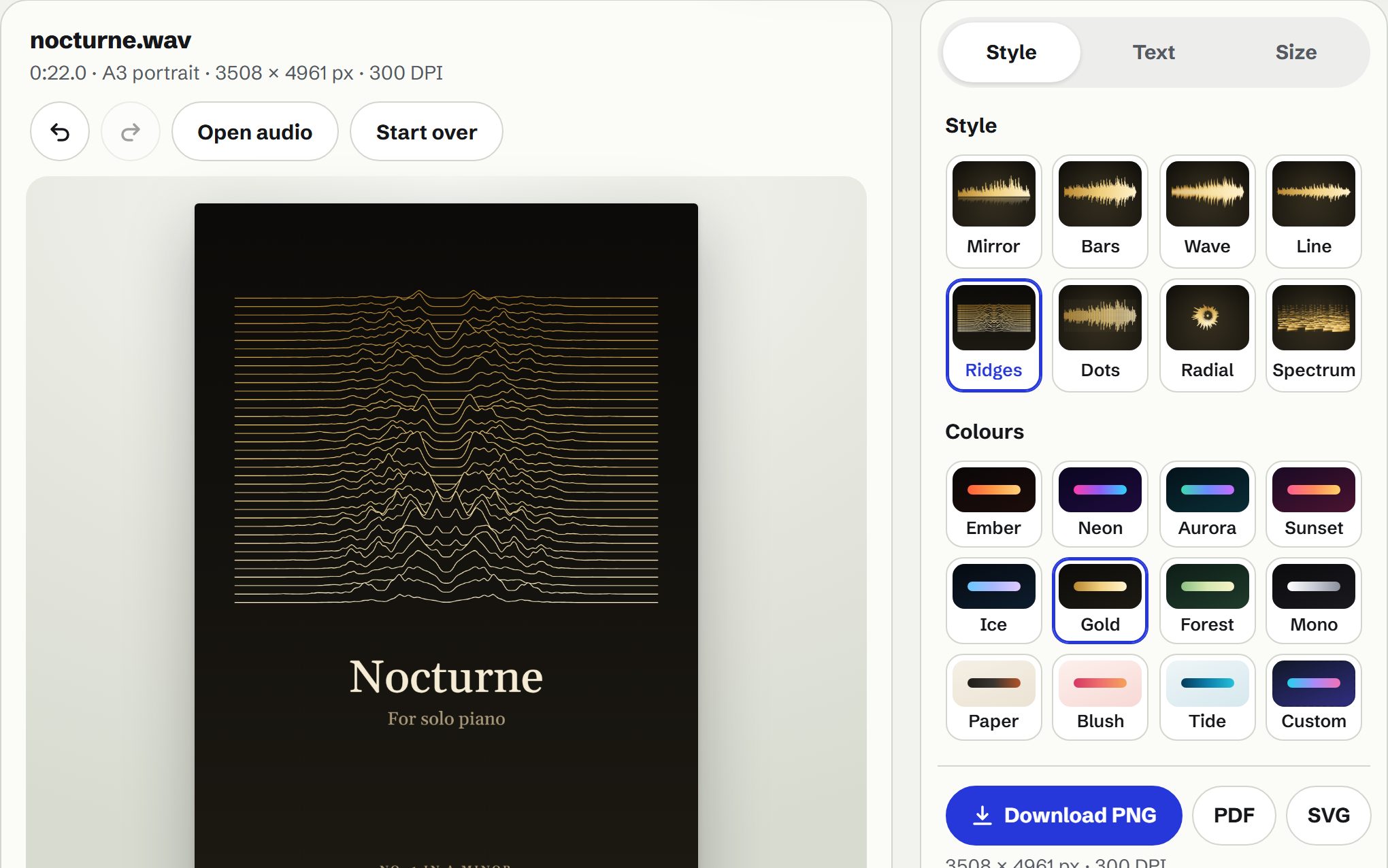 The piano sample as a gold-on-black ridgeline poster titled Nocturne, like stacked mountain lines