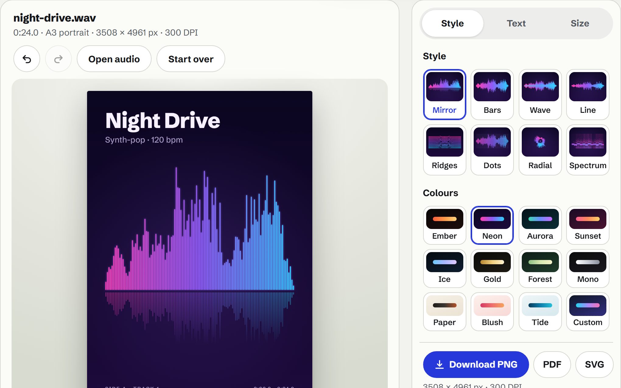 The synth-pop sample as a neon mirrored-bar poster titled Night Drive, next to eight style thumbnails of the same track