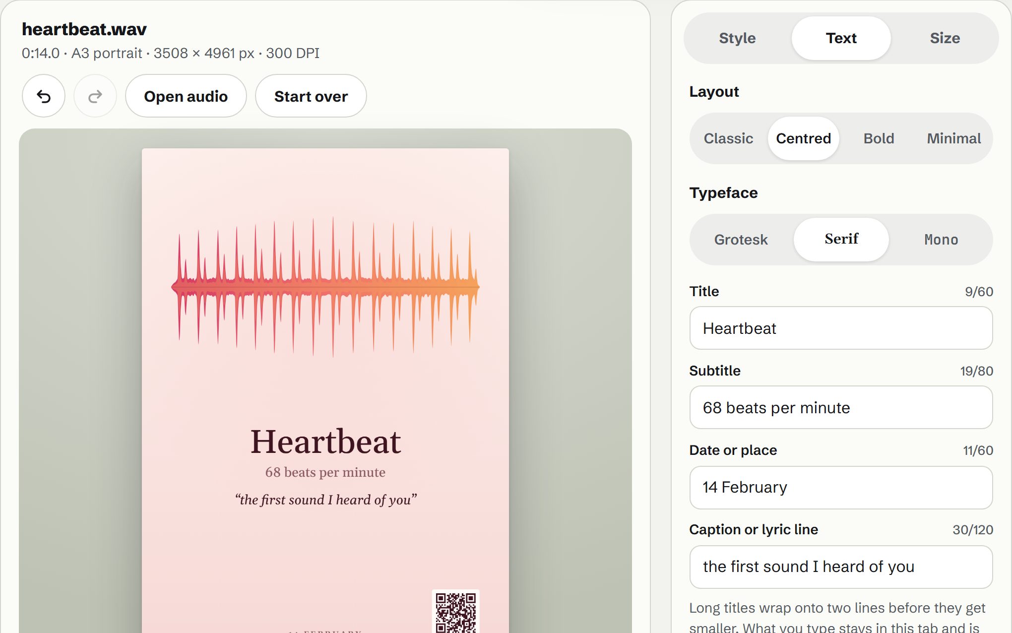 The heartbeat sample as a blush-pink poster in serif type, with the caption “the first sound I heard of you”, a QR code in the corner and the text fields beside it