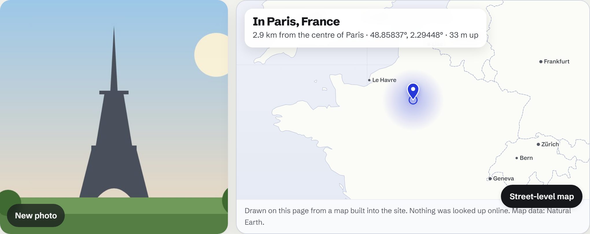 StripShot running on its sample photo: the photo, and where it was taken on the offline map