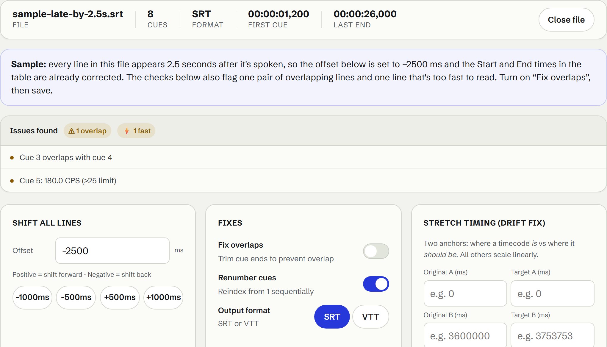 SubtitleSync with a sample subtitle file shifted 2.5 seconds earlier, flagging one overlap and one line too fast to read